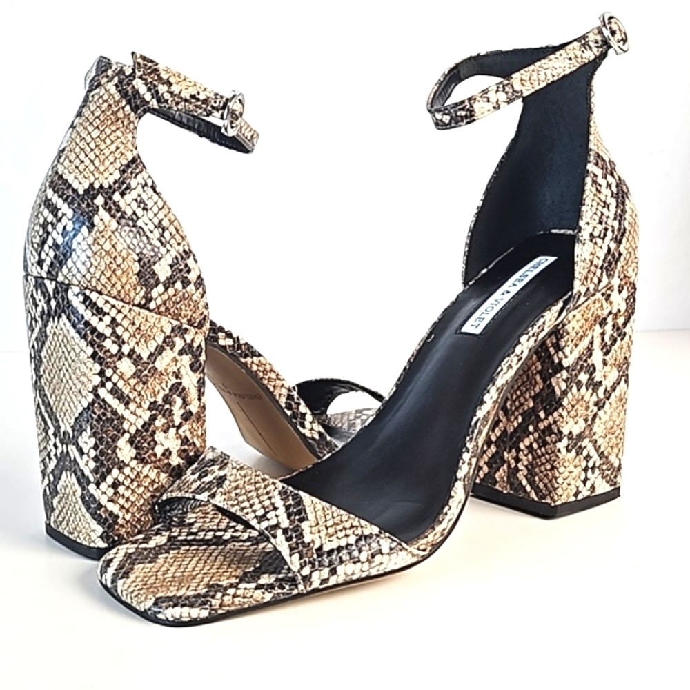 Chelsea & Violet Tara Leather Snake Print Block Heel Ankle Strap Sandal